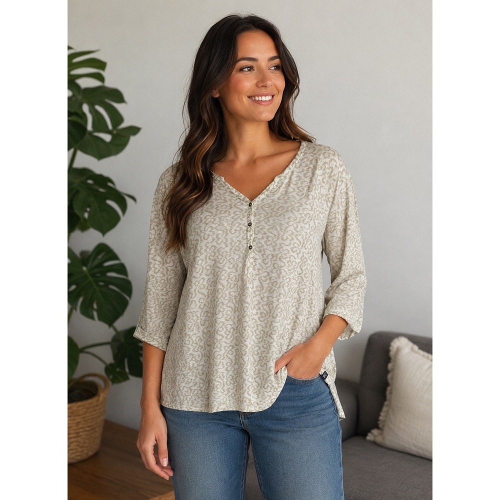 The‎ North Face Women's XL Tunic Blouse 100% Viscose 3/4 Sleeve Tan White Henley